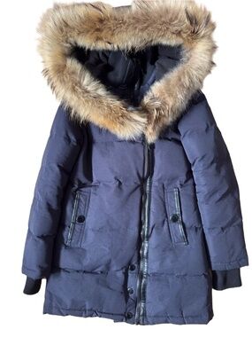 Barneys New York Navy Down Puffer Coat with Real Fur Hood